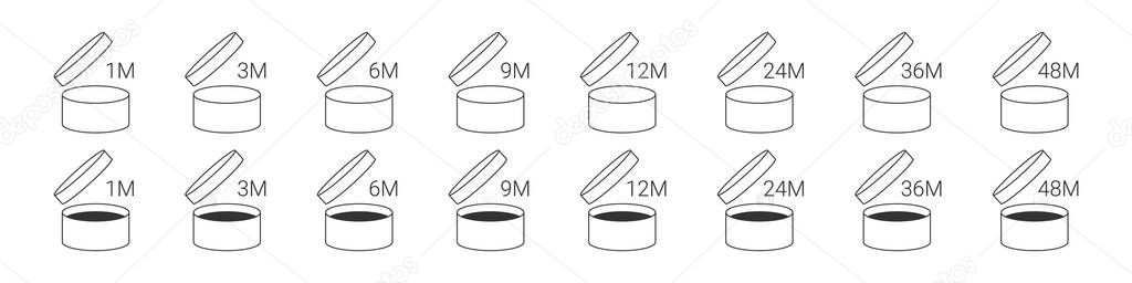 Period after opening. Expiration icons set. PAO icons. Expiration period in months icons for cosmetic packaging. Concept icons. Vector illustration