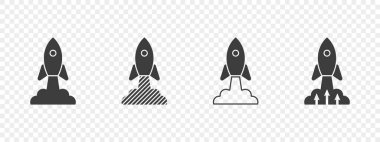 Roket simgeleri ayarlandı. Uzay gemisi fırlatıldı. Uzay gemisi ve Roket ikonları. Uydu işi konsepti. Vektör illüstrasyonu