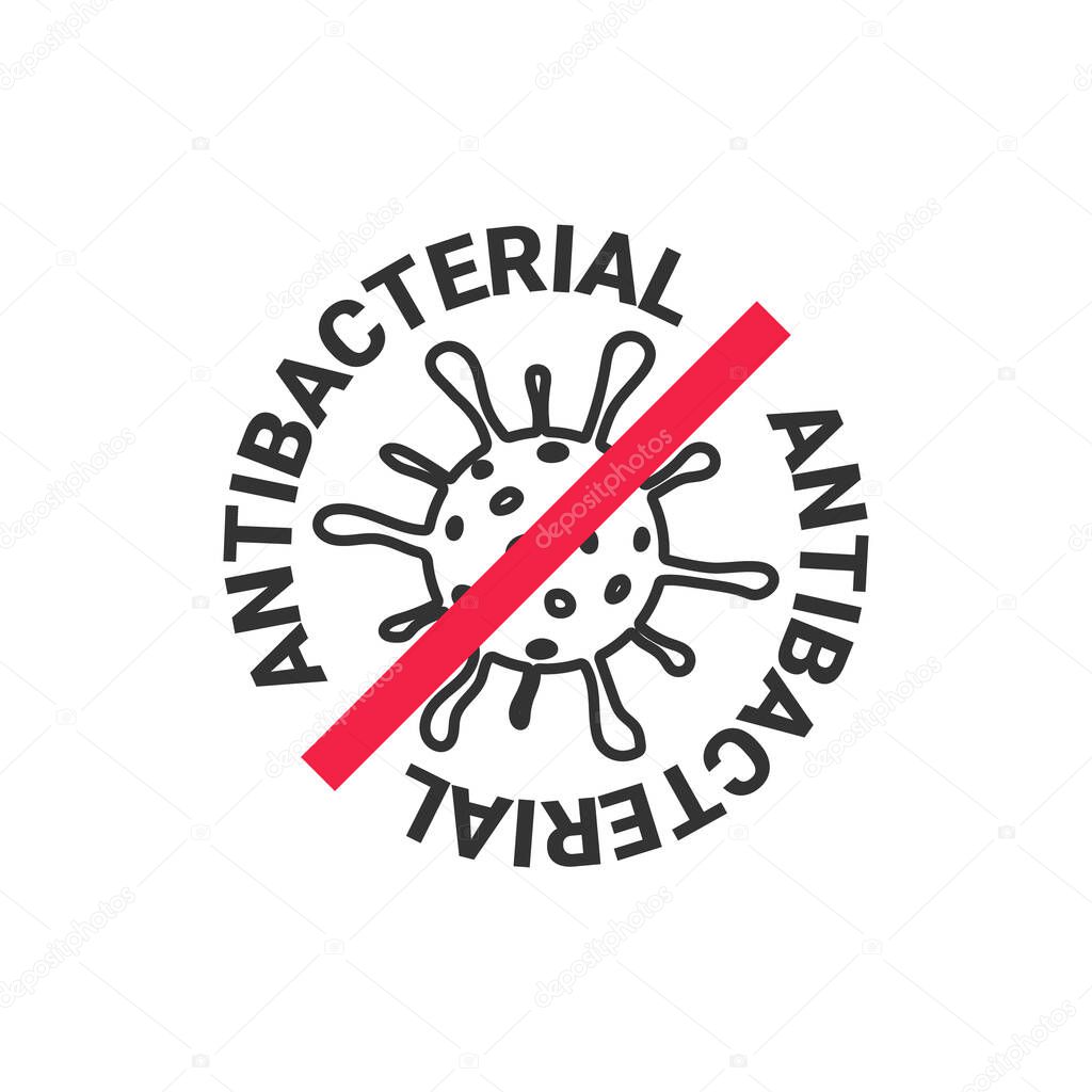 Antibacterial sign. Novel coronavirus is crossed out with red STOP sign. Vector illustration