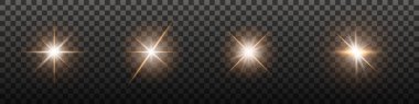 Lens parlamasının ışık efekti. Parlak ışık ışınları. Parlayan yıldızlar. Vektör illüstrasyonu