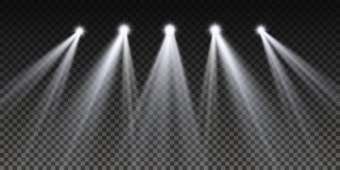 Sahne ışıkları parlıyor. Spot ışıklarıyla parlak bir ışık. Lamba ya da noktadan yansıyan ışık efekti. Vektör illüstrasyonu