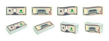 Para simgeleri. Beş dolarlık banknotlar. Önden ve arkadan gelen dolar banknotları. Dolar banknotları ayarlandı. Vektör illüstrasyonu
