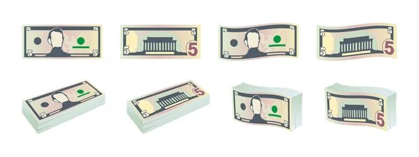 Ikony Pieniędzy Pięć Dolarów Banknoty Dolarowe Przodu Tyłu Banknoty Dolara — Wektor stockowy