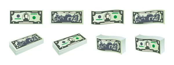 Money Icons Two Dollar Bills Dollars Banknotes Front Reverse Side — Stock Vector