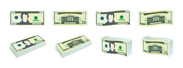 Dollars Icons Twenty Dollar Bills Dollars Banknotes Front Reverse Side — Stock Vector