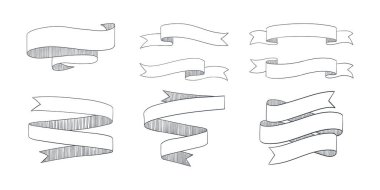 Kurdele elementleri. Kurdele elementleri. Antika pankartlar, eskiz elementleri. Vektör illüstrasyonu