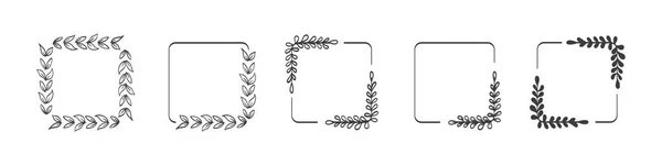 Vierkante Lauweren Takken Vector Illustratie Van Handgetekende Kransen Doodle Bloemen — Stockvector