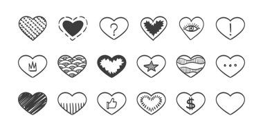 Vektör kalpler. Kalp simgesi elle çizilmiş. Kalp ikonu koleksiyonu. Vektör illüstrasyonu