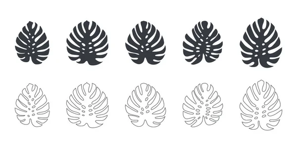 Тропические Листья Листья Чудовищ Набор Иконок Листьев Линейный Плоский Стиль — стоковый вектор
