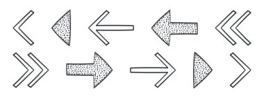 Ok simgeleri. Nokta desenli oklar. Okları yönlendir. Farklı oklar. Vektör illüstrasyonu