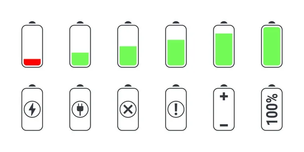 Akkuladesymbole Handyladeanzeige Der Akku Wird Geladen Ladezustand Der Batterie Vektorillustration — Stockvektor