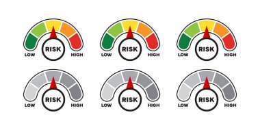 Risk Meter Gauge Set. Low, Medium, and High Level Indicators