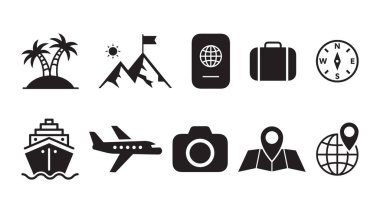 Seyahat veya tatil planlamak için çeşitli ulaşım şekillerini, varış noktalarını ve seyahat gereksinimlerini temsil eden bir dizi siyah vektör simgesi