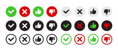 Çeşitli renk şemalarında kontrol işaretleri, haçlar, başparmaklar yukarı ve aşağı simgeler de dahil olmak üzere pozitif ve negatif geri bildirim içeren dairesel simgelerden oluşan bir ızgara