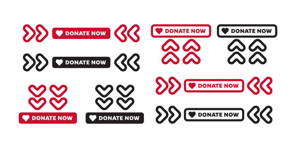 Various button designs featuring the text "Donate Now" accompanied by heart icons and directional arrows, presented in red and black color schemes