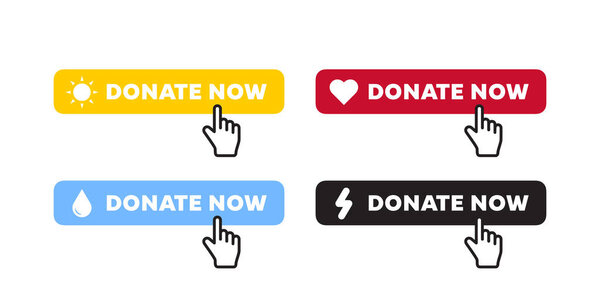Four distinct buttons labeled 'Donate Now' each featuring a unique icon and a cursor pointer indicating interaction