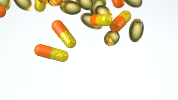Cápsulas medicinales y vitamina cayendo — Vídeo de stock