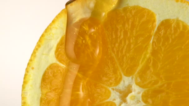 Pouring honey on orange — Stock Video