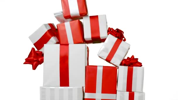 Stapel von Geschenkboxen und Absturz — Stockvideo