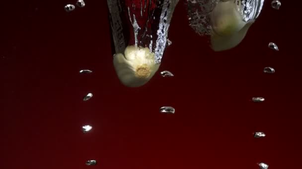 Кусочки чеснока падают в воду — стоковое видео