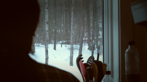 Nieve cayendo por la ventana — Vídeo de stock