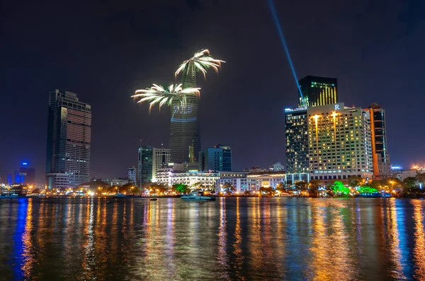 Fireworks on the riverbank of Saigon city, Vietnam