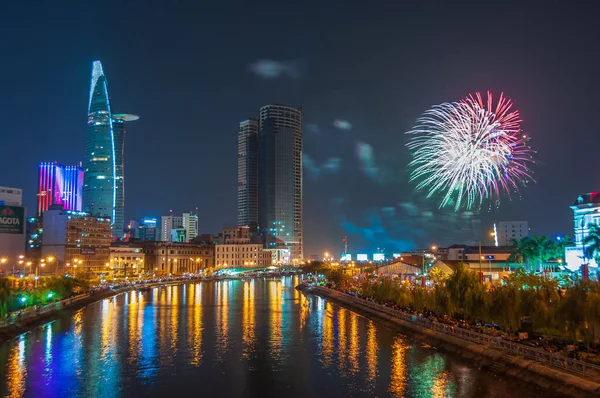 Fireworks on the riverbank of Saigon city, Vietnam