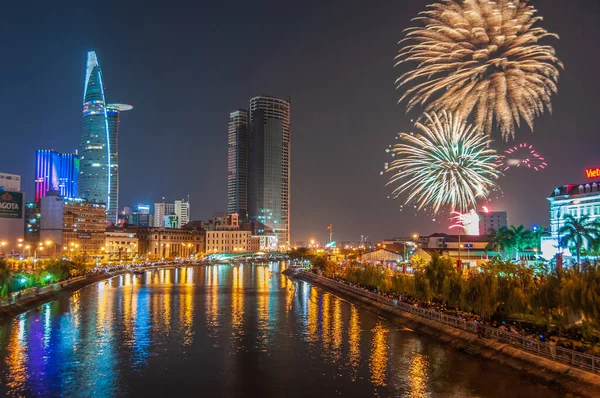 Fireworks on the riverbank of Saigon city, Vietnam
