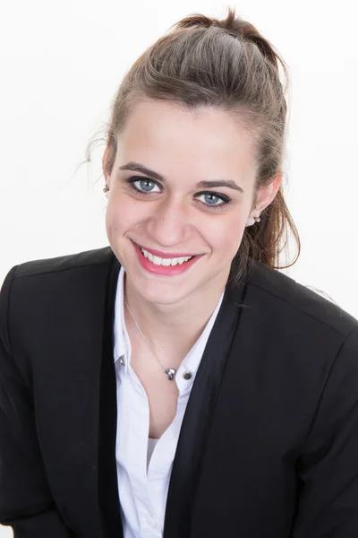 Portrait of happy young business woman isolated on white background — Stock Photo, Image