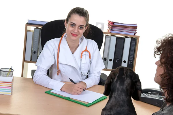 Herrchen mit Hund trifft sich mit Tierärztin in Klinik — Stockfoto