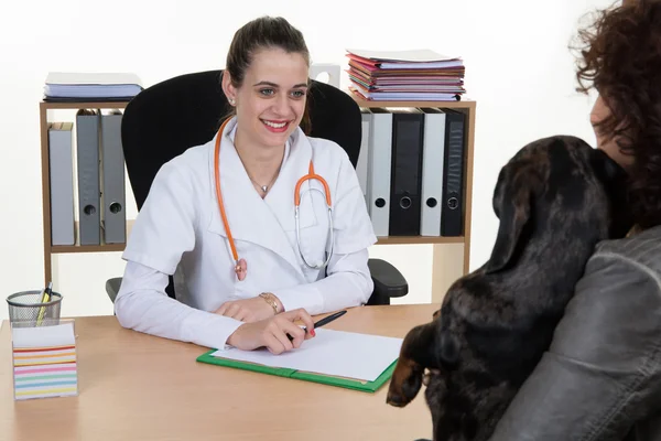 Dierenarts arts onderzoeken puppy hondje en zijn gezin kijken naar hen geïsoleerd op witte achtergrond — Stockfoto