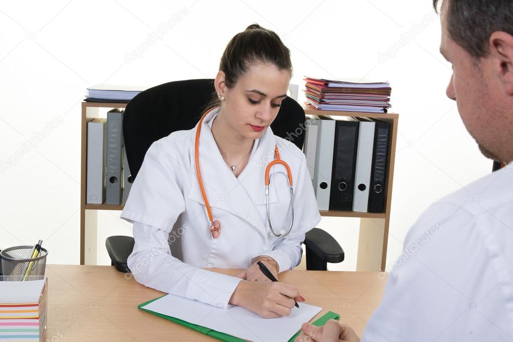 Confident female young doctor discussing diagnosis with male patient 