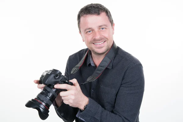 Bir dijital kamera tutarak fotoğrafçı portresi — Stok fotoğraf