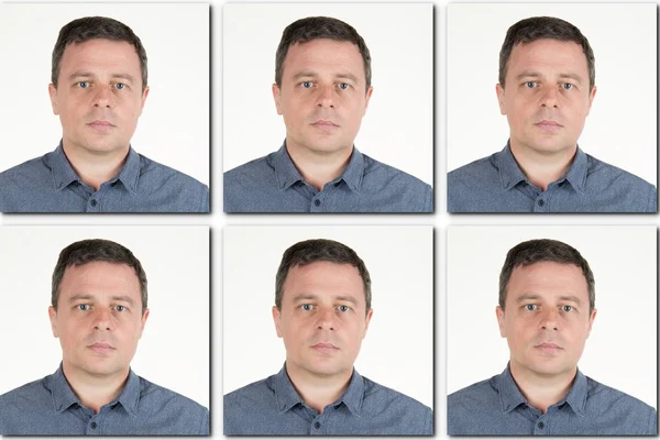 Passport picture of a serious man in a blue shirt - 6 pictures - USA — Stock Photo, Image
