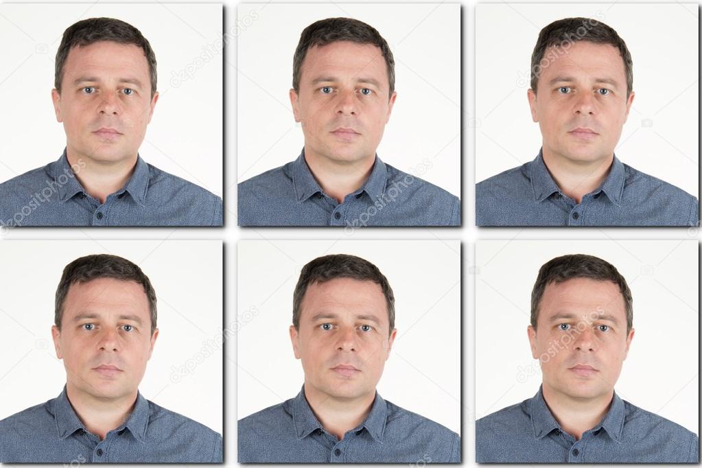Stock photography ▻ Passport picture of a serious man in a blue shirt - 6 p...