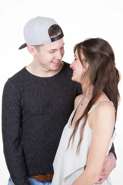 Liefde op het eerste gezicht geïsoleerd op wit. man en vrouw kijken naar elkaar met lust. candid shot, Studio schot geïsoleerd op witte achtergrond. — Stockfoto