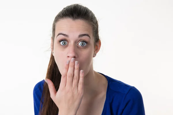 Shocked girl covers her mouth with hand, isolated on white Royalty Free Stock Photos