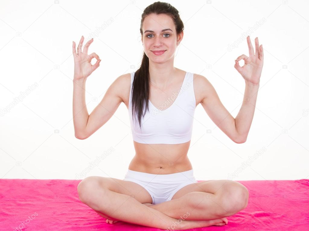 sitting ... pose \u2014 doing Woman yoga cross while legged Stock \u2014 sitting cross doing Woman yoga ... Stock legged while pose