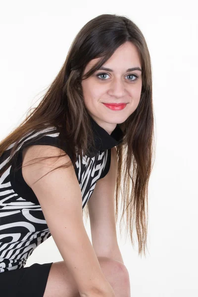 Portrait of young cheerful smiling woman, over white background — Stock Photo, Image