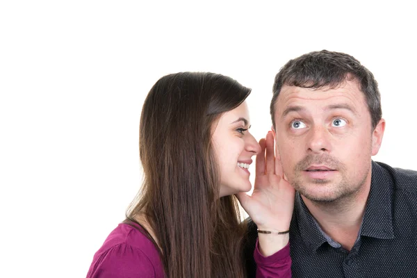 Good news, young and lovely woman says something to man — Stock Photo, Image