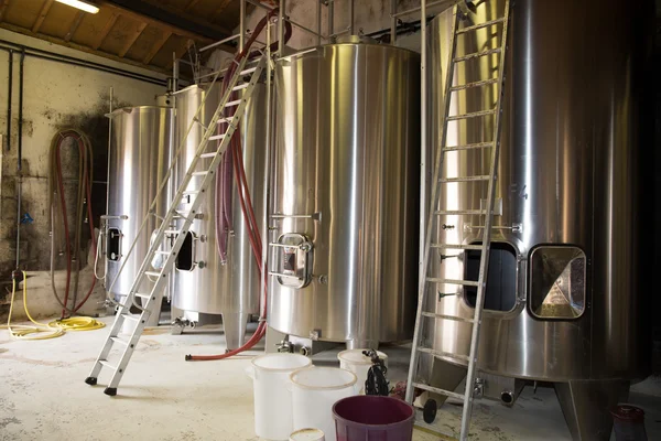 Stainless steel wine vats in a row inside the winery — Stock Photo, Image