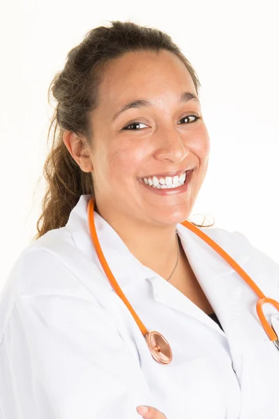 Friendly female doctor smiling - isolated over  white background — Stock Photo, Image