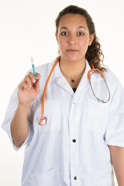 Friendly female doctor smiling - isolated over  white background — Stock Photo, Image