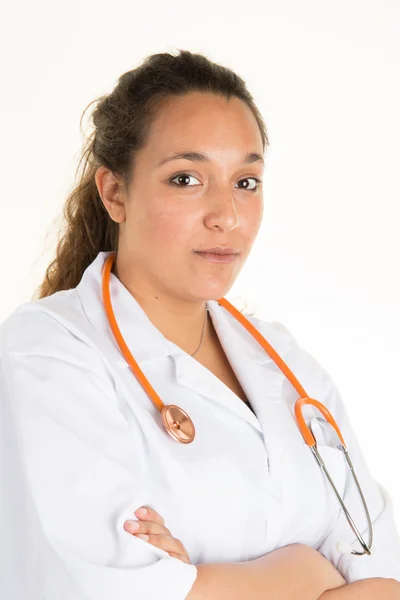 Friendly female doctor smiling - isolated over  white background — Stock Photo, Image