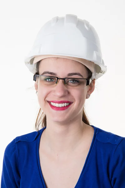 Sorrindo feliz arquiteto feminino isolado no fundo branco — Fotografia de Stock