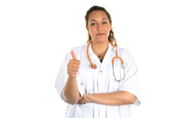 Friendly female doctor smiling - isolated over  white background — Stock Photo, Image
