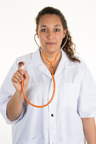 Friendly female doctor smiling - isolated over  white background — Stock Photo, Image