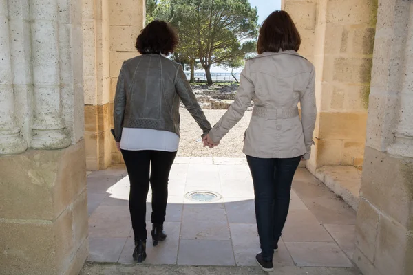 Buiten, houden mooie brunette meisjes handen, liefhebbers — Stockfoto