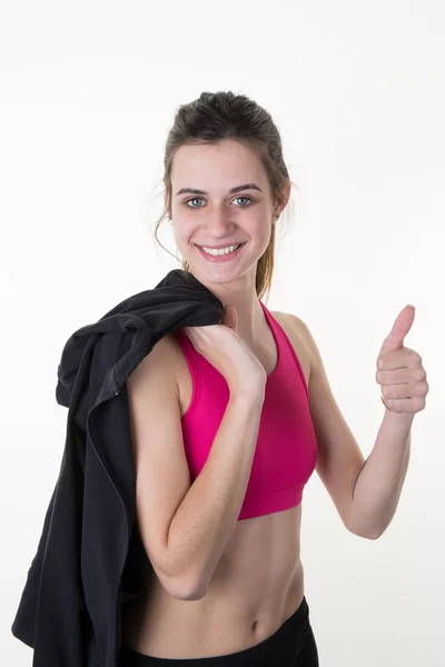 Mulher fitness, corpo feminino treinado, retrato de estilo de vida, polegar para cima — Fotografia de Stock