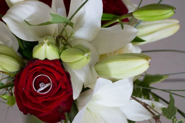 Anéis de casamento e rosas, flores bonitas, vermelho e branco — Fotografia de Stock